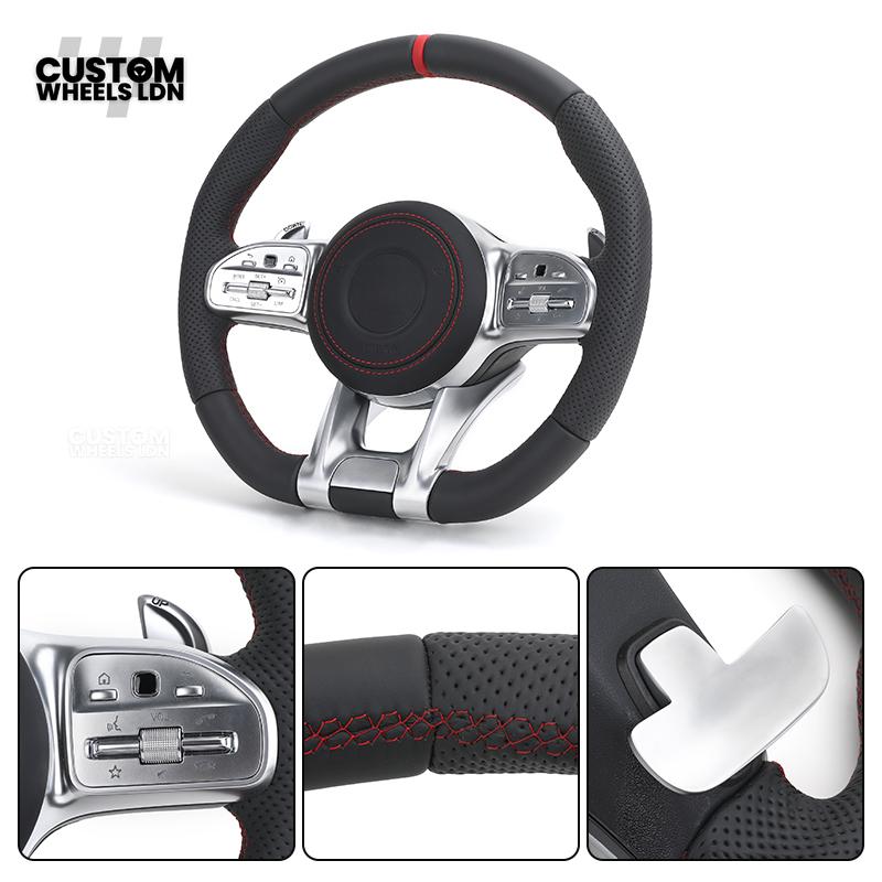 Mercedes Custom AMG Steering Wheel – Silver Trim, Red Race Stripe, Red Stitching, Perforated Leather Grip | Complete Wheel with Airbag | Plug & Play | Retrofit Available for Older Models | Fits C-Class, E-Class, GLC, W205, W213, CLA + More