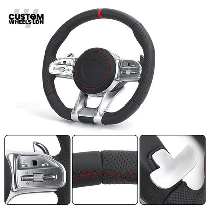 Mercedes Custom AMG Steering Wheel – Silver Trim, Red Race Stripe, Red Stitching, Perforated Leather Grip | Complete Wheel with Airbag | Plug & Play | Retrofit Available for Older Models | Fits C-Class, E-Class, GLC, W205, W213, CLA + More