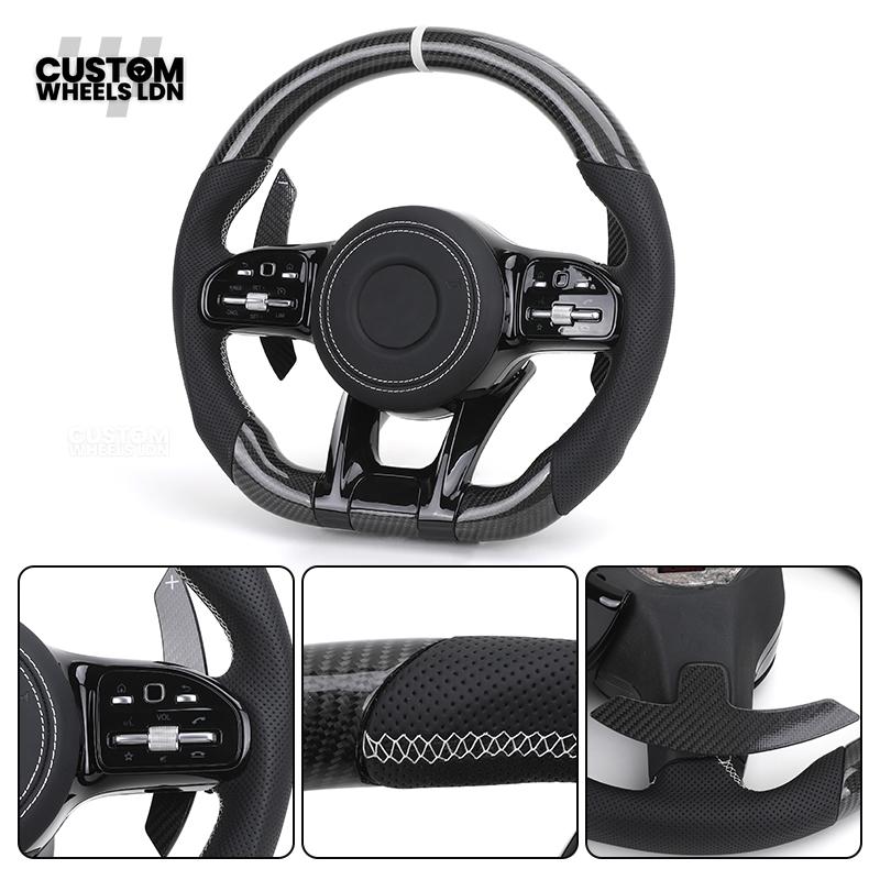 Mercedes Custom AMG Steering Wheel Carbon Fibre & Piano Black | White Stitching | AMG Style | Paddle Shifters | Complete Retrofit | Fits W205, W176, W213, A-Class, C-Class, CLA + more