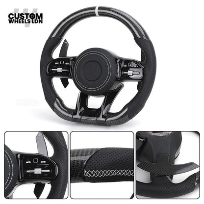 Mercedes Custom AMG Steering Wheel Carbon Fibre & Piano Black | White Stitching | AMG Style | Paddle Shifters | Complete Retrofit | Fits W205, W176, W213, A-Class, C-Class, CLA + more