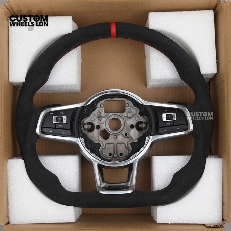 VW MK7 Custom Steering Wheel | Full Alcantara Wrap, Red Stitching & Stripe | Complete Plug & Play Wheel | Fits Golf MK7, GTI, R + more