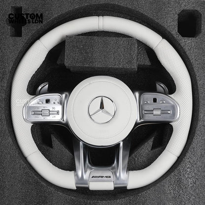 Mercedes Custom AMG Flat Bottom Steering Wheel – White Leather, Perforated Sides, Silver AMG Trim, Touch Buttons & Silver Paddles | Fits W205 C-Class, W213 E-Class, GLC, GLE, CLS + more | Plug & Play |  Airbag | Retrofit Upgrade for Older Model Available