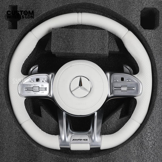 Mercedes Custom AMG Flat Bottom Steering Wheel – White Leather, Perforated Sides, Silver AMG Trim, Touch Buttons & Silver Paddles | Fits W205 C-Class, W213 E-Class, GLC, GLE, CLS + more | Plug & Play |  Airbag | Retrofit Upgrade for Older Model Available
