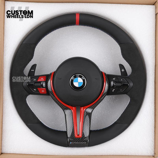 BMW Custom Flat Bottom Steering Wheel – Smooth Leather & Alcantara with Red Trim & Stripe | Fits F20 F22 F30 F32 F36 F10 F06 F13 X1 X3 X4 X5 X6 + More