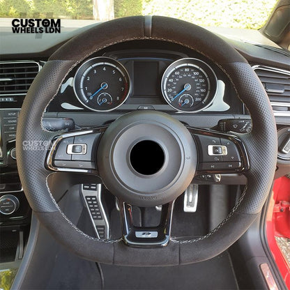 Volkswagen Custom Steering Wheel – Alcantara & Perforated Leather, Blue Centre Stripe, Flat Bottom, OEM Buttons | Fits Golf GTI, R, Polo, Passat + more | Plug & Play Retrofit Upgrade