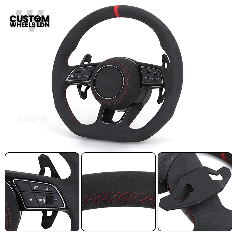 Audi Custom B9 Flat Bottom Steering Wheel – Alcantara Grip, Red Stitching, Red Centre Stripe, Black Paddles, RS3 Badge | Fits A3, S3, RS3, A4, S4, A5, S5, Q5, SQ5 + more | Plug & Play | With Airbag | Upgrade for Older Models Available