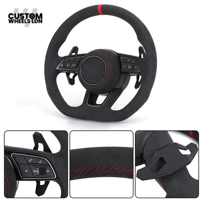 Audi Custom B9 Flat Bottom Steering Wheel – Alcantara Grip, Red Stitching, Red Centre Stripe, Black Paddles, RS3 Badge | Fits A3, S3, RS3, A4, S4, A5, S5, Q5, SQ5 + more | Plug & Play | With Airbag | Upgrade for Older Models Available