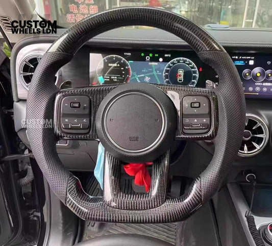 Toyota Custom Land Cruiser 300 Series Steering Wheel – Carbon Fiber, Flat Bottom, Perforated Leather Grips | Fits 2022+ LC300 Models | Plug & Play | Premium Retrofit Upgrade | Full Custom Build Available