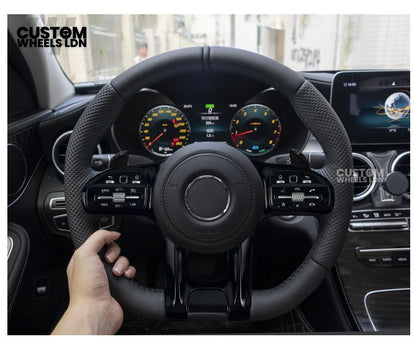 rcedes Custom AMG Flat Bottom Steering Wheel – Full Black Leather, Piano Black Trim, Touch Control Buttons, AMG Badge | Fits C-Class, E-Class, CLS, GLC, GLE, G-Class + more | Plug & Play | Retrofit Upgrade for Older Models