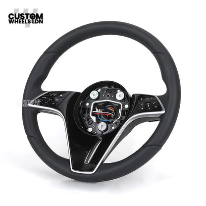 Mercedes Custom W223 Flat Bottom Steering Wheel – Smooth Black Leather, Gloss Black Trim, Touch Control Buttons | Fits S-Class W223, GLE, GLS, E-Class W213 Facelift + more | Plug & Play | With Airbag | Retrofit Upgrade for Older Models Available
