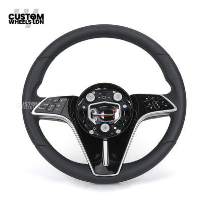 Mercedes Custom W223 Flat Bottom Steering Wheel – Smooth Black Leather, Gloss Black Trim, Touch Control Buttons | Fits S-Class W223, GLE, GLS, E-Class W213 Facelift + more | Plug & Play | With Airbag | Retrofit Upgrade for Older Models Available