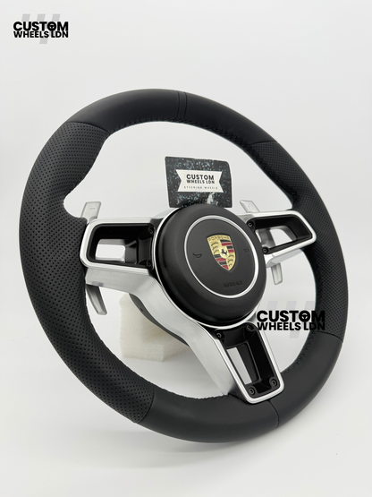 Porsche Custom OEM Steering Wheel – Smooth & Perforated Leather, Silver Trims, OEM Paddles | Fits 991, 997, 987, Cayman, Boxster, Macan, Cayenne + more | Plug & Play | With Airbag | Upgrade for Older Models Available