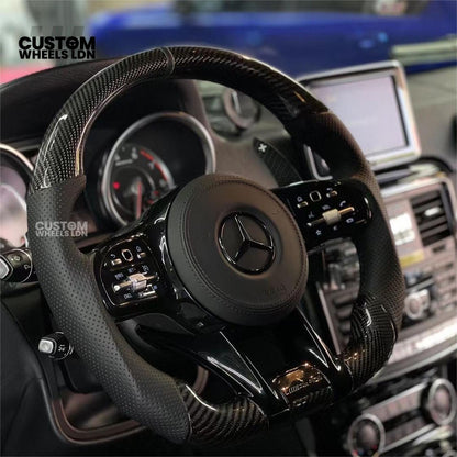 Mercedes Custom AMG Steering Wheel Carbon Fibre & Piano Black | White Stitching | AMG Style | Paddle Shifters | Complete Retrofit | Fits W205, W176, W213, A-Class, C-Class, CLA + more