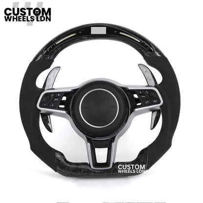 Porsche Custom LED-Lenkrad aus geschmiedetem Carbon mit abgeflachter Unterseite – passend für die meisten Modelle: 911, Cayenne, Panamera, Macan, Boxter, Taycan und mehr)