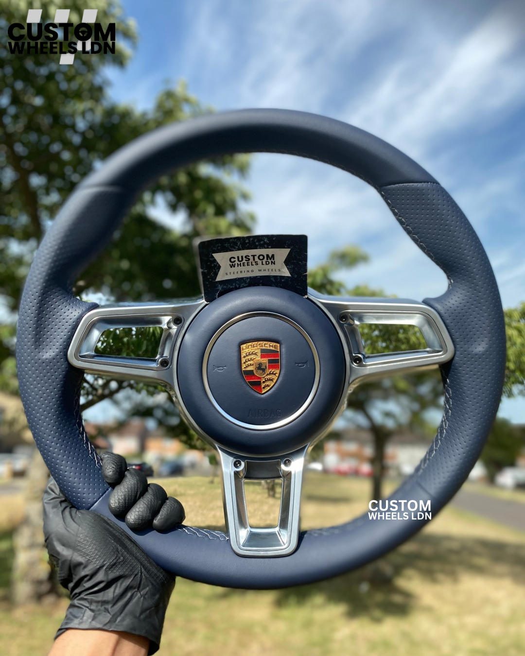 Porsche Custom Steering Wheel – Navy Leather with Chrome Trim + Long Silver Paddles (Fits 2000+ | Tiptronic / PDK)