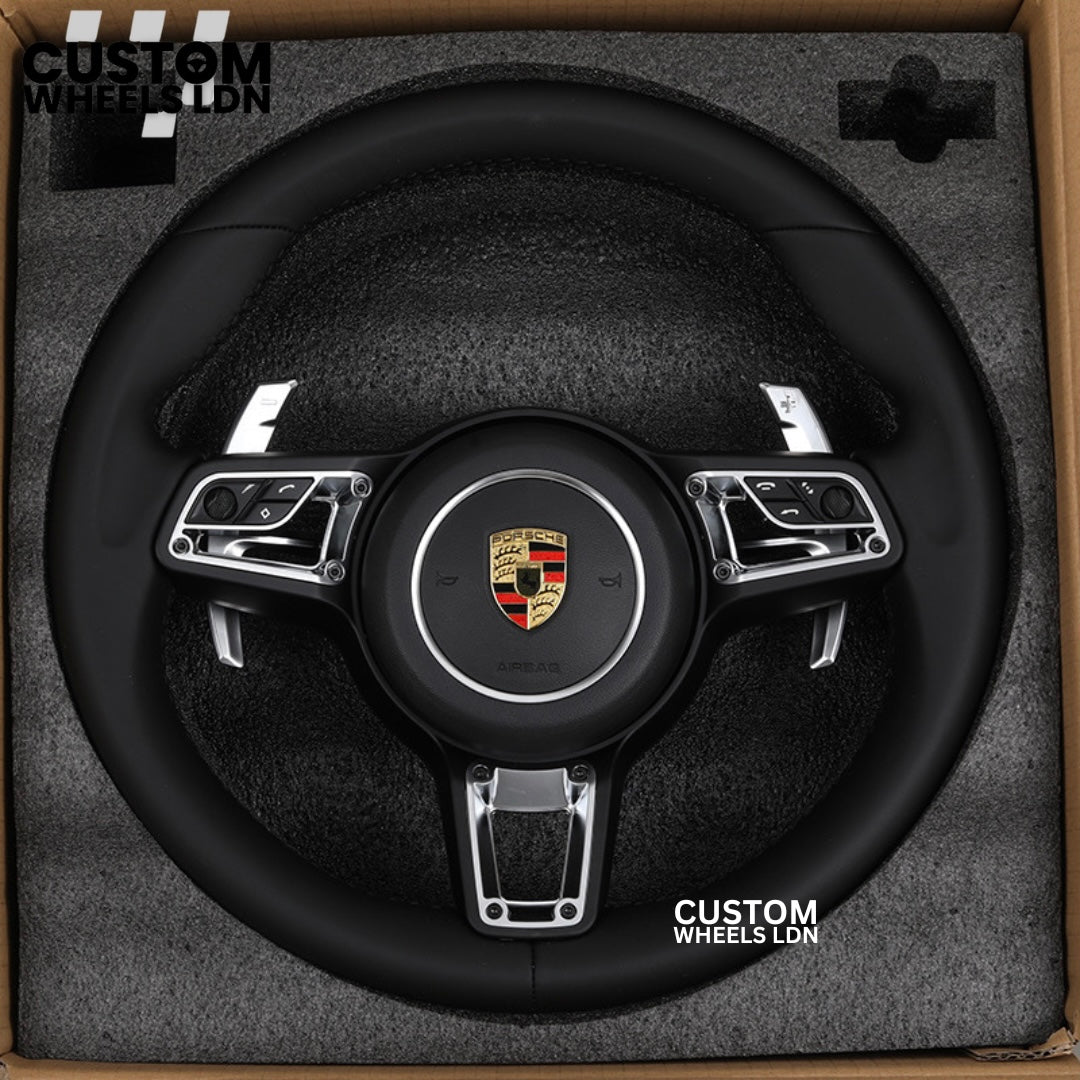 Porsche Custom Black Full Leather Steering Wheel - Fits Most Models: 911, Cayenne, Panamera, Macan, Boxter, Taycan & More