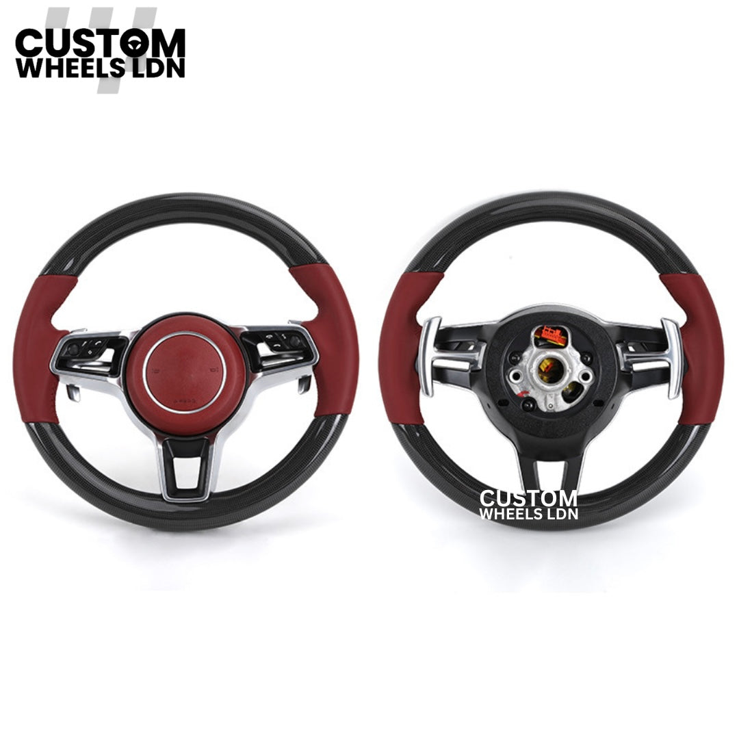 Porsche Custom Carbon Fibre with Red Leather OEM Steering Wheel - Fits Most Models: 911, Cayenne, Panamera, Macan, Boxter, Taycan & More