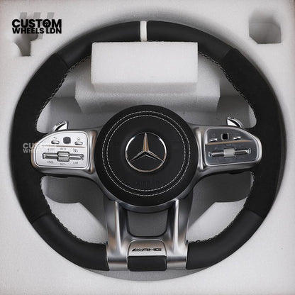 Mercedes Custom AMG Flat Bottom Steering Wheel – Black Leather & Alcantara, White Stripe, Silver Trim, Touch Control Buttons, Silver Paddles | Fits C-Class, E-Class, CLS, GLC, GLE, G-Class + more | Plug & Play | Retrofit Upgrade for Older Models