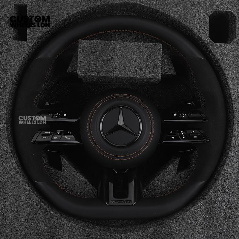 Mercedes Custom W223 AMG Flat Bottom Steering Wheel – Black Leather & Alcantara, Tan Stitching, Gloss Black Trim, Black Badge, Touch Buttons | Fits GLE, GLS, G-Class, W223, S-Class + more | Plug & Play | With Airbag | Upgrade for older models available