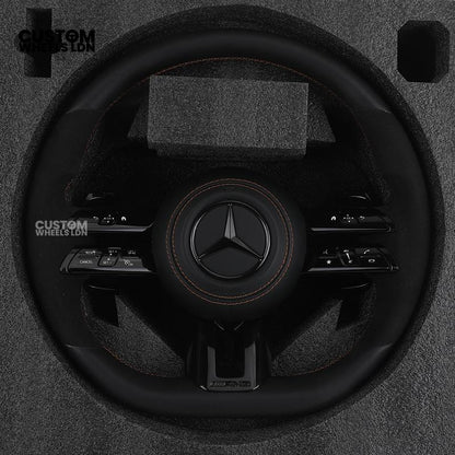 Mercedes Custom W223 AMG Flat Bottom Steering Wheel – Black Leather & Alcantara, Tan Stitching, Gloss Black Trim, Black Badge, Touch Buttons | Fits GLE, GLS, G-Class, W223, S-Class + more | Plug & Play | With Airbag | Upgrade for older models available