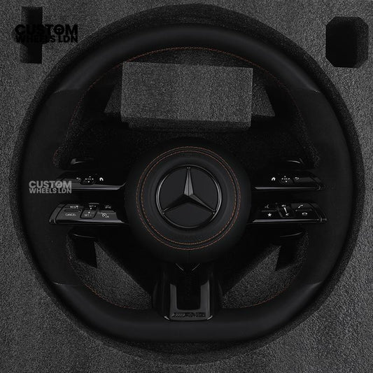 Mercedes Custom W223 AMG Flat Bottom Steering Wheel – Black Leather & Alcantara, Tan Stitching, Gloss Black Trim, Black Badge, Touch Buttons | Fits GLE, GLS, G-Class, W223, S-Class + more | Plug & Play | With Airbag | Upgrade for older models available
