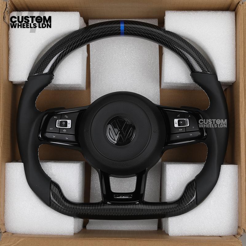 Volkswagen MK7 Custom Steering Wheel – Blue Center Stripe | Carbon Fibre & Leather | Plug & Play | Complete Steering Wheel | Fits Golf MK7 / MK6 GTI, R + more