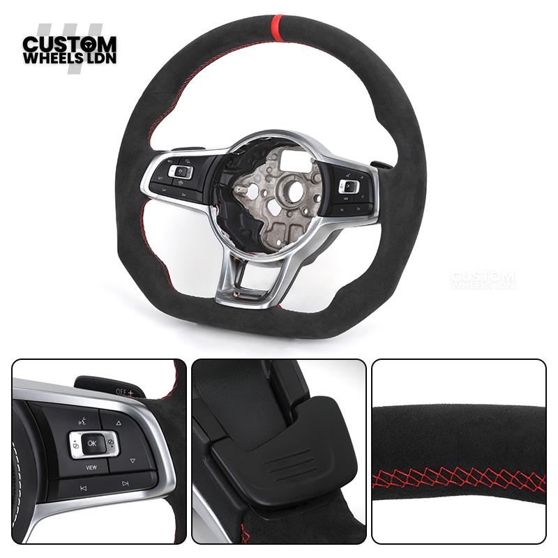 VW MK7 Custom Steering Wheel | Full Alcantara Wrap, Red Stitching & Stripe | Complete Plug & Play Wheel | Fits Golf MK7, GTI, R + more