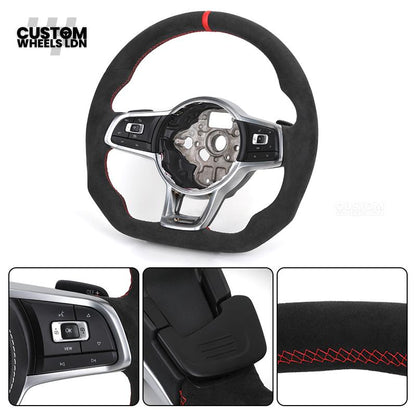 VW MK7 Custom Steering Wheel | Full Alcantara Wrap, Red Stitching & Stripe | Complete Plug & Play Wheel | Fits Golf MK7, GTI, R + more