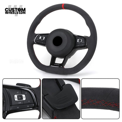 VW MK7 Custom Steering Wheel | Alcantara Wrap, Red Centre Stripe, Full Plug & Play Complete Wheel | Fits Golf MK7, GTI, R + more