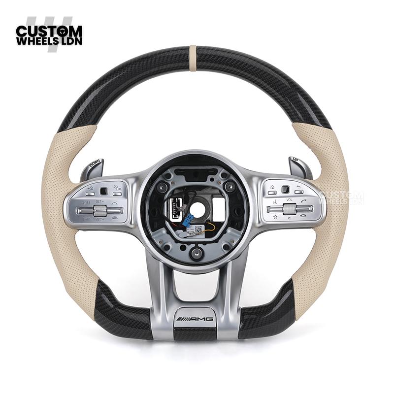 Mercedes Custom Steering Wheel | AMG Style Carbon Fibre with Beige Leather & Stripe | Silver Paddles | Complete Retrofit for Older Models | Fits W205 W204 W212 W213 W218 W207 + more