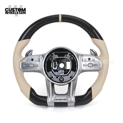 Mercedes Custom Steering Wheel | AMG Style Carbon Fibre with Beige Leather & Stripe | Silver Paddles | Complete Retrofit for Older Models | Fits W205 W204 W212 W213 W218 W207 + more