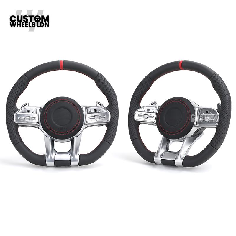 Mercedes Custom AMG Steering Wheel – Silver Trim, Red Race Stripe, Red Stitching, Perforated Leather Grip | Complete Wheel with Airbag | Plug & Play | Retrofit Available for Older Models | Fits C-Class, E-Class, GLC, W205, W213, CLA + More