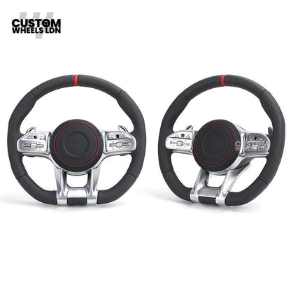 Mercedes Custom AMG Steering Wheel – Silver Trim, Red Race Stripe, Red Stitching, Perforated Leather Grip | Complete Wheel with Airbag | Plug & Play | Retrofit Available for Older Models | Fits C-Class, E-Class, GLC, W205, W213, CLA + More