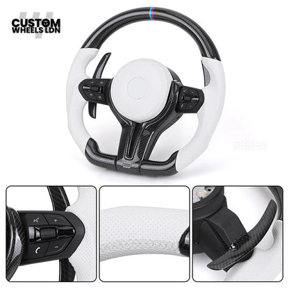BMW Custom Carbon Fibre Steering Wheel – White Perforated Leather | M-Stripe Marker | Plug & Play | Fits older models