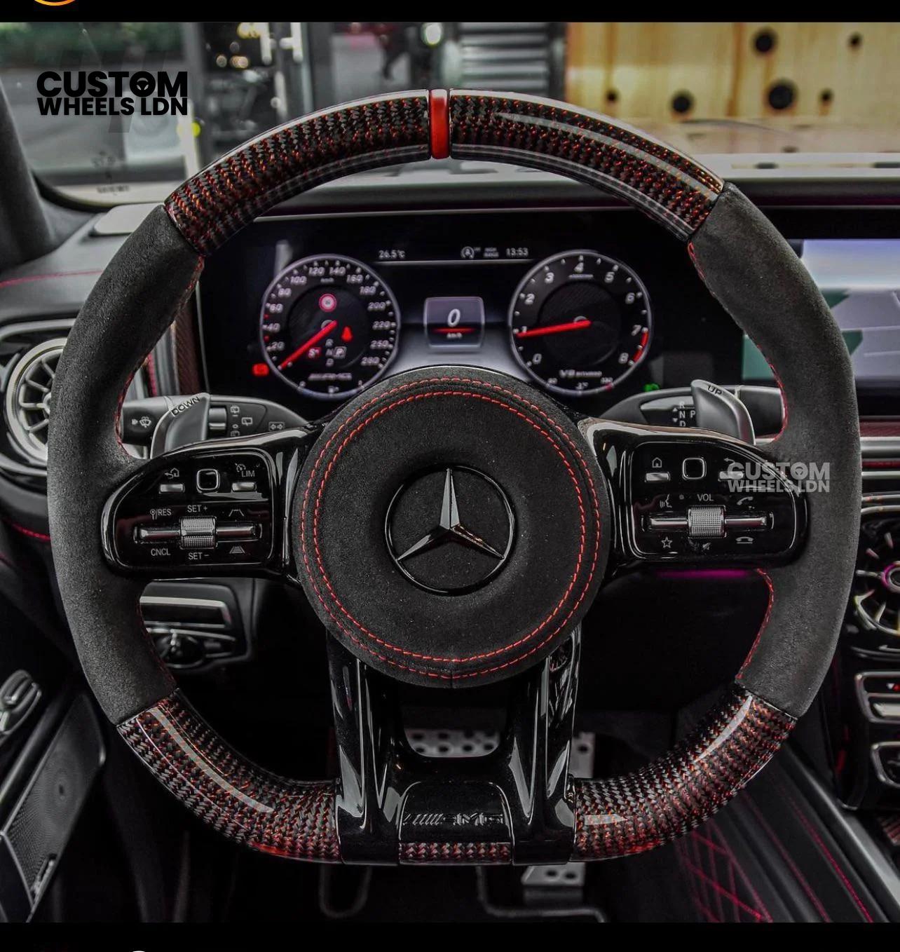 Mercedes Custom AMG Steering Wheel Flat Bottom Alcantara + Carbon Fiber | Red Stitching & Marker | Complete Retrofit | Fits G-Class, C-Class, E-Class, CLA, GLC, GLS, W205, W213 + more