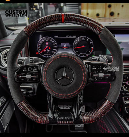 Mercedes Custom AMG Steering Wheel Flat Bottom Alcantara + Carbon Fiber | Red Stitching & Marker | Complete Retrofit | Fits G-Class, C-Class, E-Class, CLA, GLC, GLS, W205, W213 + more