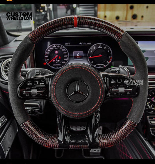 Mercedes Custom AMG Steering Wheel Flat Bottom Alcantara + Carbon Fiber | Red Stitching & Marker | Complete Retrofit | Fits G-Class, C-Class, E-Class, CLA, GLC, GLS, W205, W213 + more