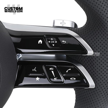 Mercedes Custom W223 AMG Flat Bottom Steering Wheel – Carbon Top & Bottom, Perforated Leather Grip, Gloss Black Trim, Touch Control Buttons | Fits C63, E63, S63, GLE, GLS, S-Class W223 + more | Plug & Play | With Airbag | Retrofit Upgrade for Older Models