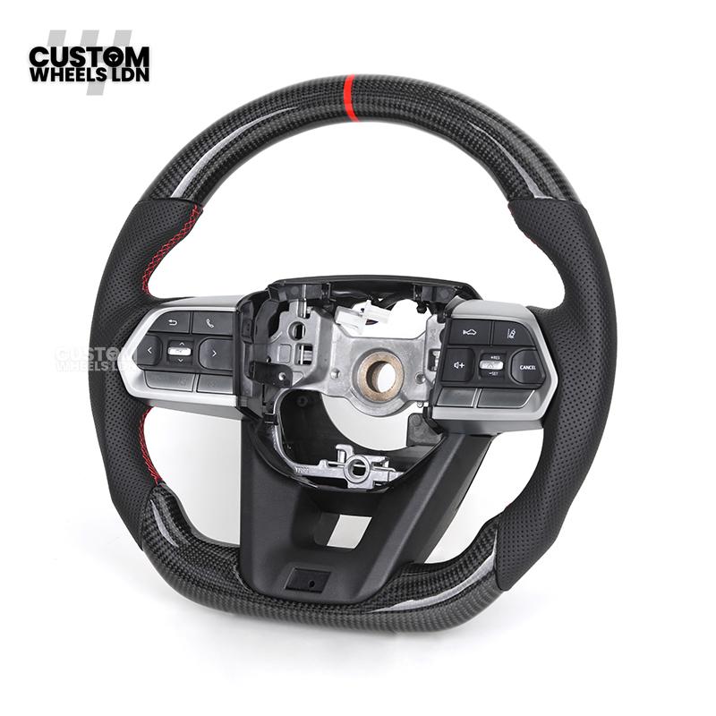 Toyota Custom GR Steering Wheel – Carbon Fiber, Flat Bottom, Red Center Stripe, Perforated Grips | Fits Yaris GR, Corolla GR + More | Plug & Play | Sporty Upgrade with Paddle Cutouts | Track-Inspired Retrofit