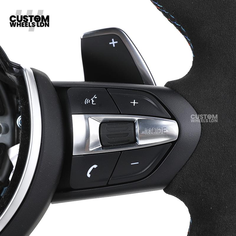 BMW Custom Flat Bottom Steering Wheel – Smooth Leather & Alcantara with Blue Center Stripe | Fits F20 F22 F30 F32 F36 F10 F06 F13 X1 X3 X4 X5 X6 + More
