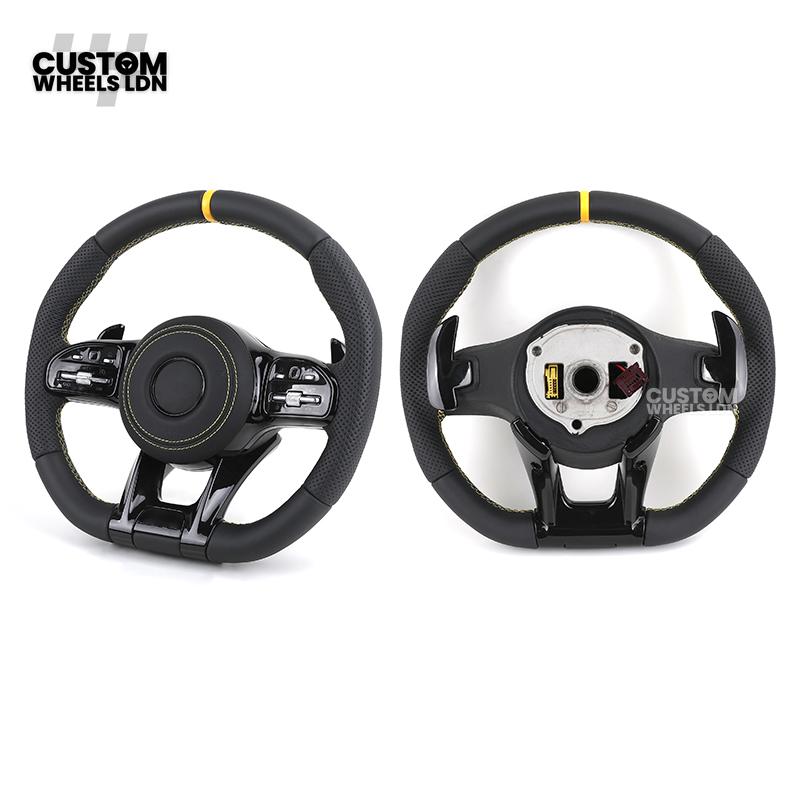Mercedes Custom AMG Flat Bottom Steering Wheel – Black Leather, Yellow Stitching & Stripe, Piano Black Trim, Touch Control Buttons, AMG Badge | Fits C-Class, E-Class, CLS, GLC, GLE, G-Class + more | Plug & Play | Retrofit Upgrade for Older Models