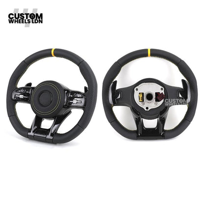 Mercedes Custom AMG Flat Bottom Steering Wheel – Black Leather, Yellow Stitching & Stripe, Piano Black Trim, Touch Control Buttons, AMG Badge | Fits C-Class, E-Class, CLS, GLC, GLE, G-Class + more | Plug & Play | Retrofit Upgrade for Older Models