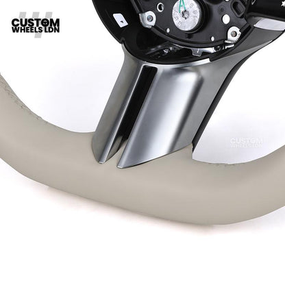 Mercedes Custom W223 Flat Bottom Steering Wheel – Beige Leather, Gloss Black Trim, Touch Control Buttons | Fits S-Class W223, GLE, GLS, E-Class W213 Facelift + more | Plug & Play | With Airbag | Retrofit Upgrade for Older Models Available