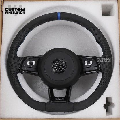Volkswagen Custom Steering Wheel – Alcantara & Perforated Leather, Blue Centre Stripe, Flat Bottom, OEM Buttons | Fits Golf GTI, R, Polo, Passat + more | Plug & Play Retrofit Upgrade