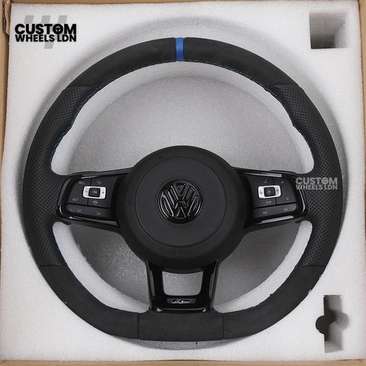 Volkswagen Custom Steering Wheel – Alcantara & Perforated Leather, Blue Centre Stripe, Flat Bottom, OEM Buttons | Fits Golf GTI, R, Polo, Passat + more | Plug & Play Retrofit Upgrade