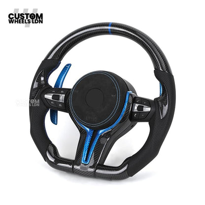 BMW Custom Carbon Fibre Steering Wheel – Blue Trim & Paddles | M Performance | Perforated Leather | Plug & Play | Fits F20, F22, F30, F32, F36, M2, M3, M4, X1, X2 + more