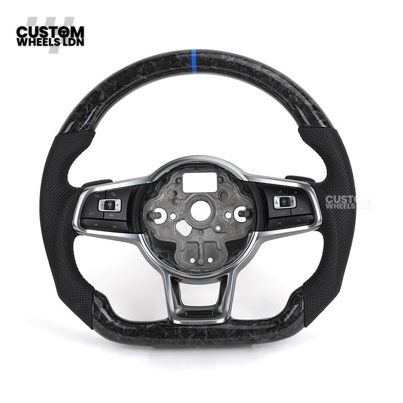 Volkswagen MK7 Custom Steering Wheel – Forged Carbon with Blue Centre Stripe & Perforated Leather Grips | Fits Golf GTI, R, Scirocco + more | Plug & Play Upgrade