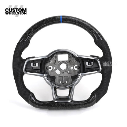 Volkswagen MK7 Custom Steering Wheel – Forged Carbon with Blue Centre Stripe & Perforated Leather Grips | Fits Golf GTI, R, Scirocco + more | Plug & Play Upgrade