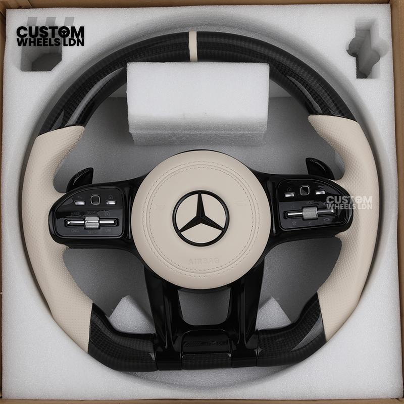 Mercedes Custom Steering Wheel | Piano Black & Carbon Fibre with Full Cream Leather | AMG Style | Complete Retrofit | Fits W205 W204 W212 W213 W218 + more