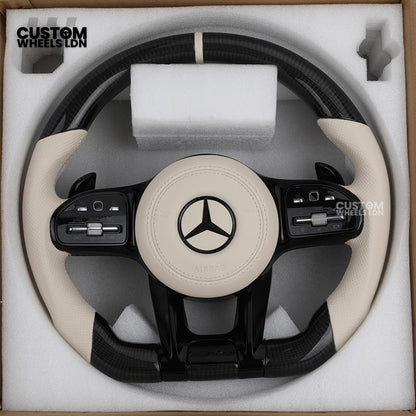 Mercedes Custom Steering Wheel | Piano Black & Carbon Fibre with Full Cream Leather | AMG Style | Complete Retrofit | Fits W205 W204 W212 W213 W218 + more
